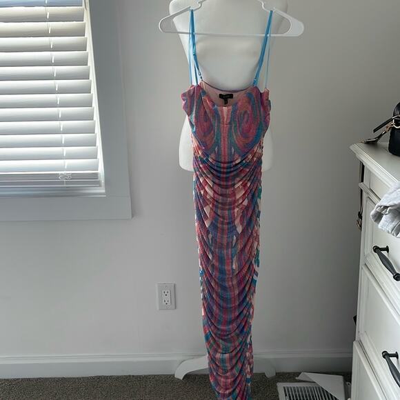 AFRM Hazel Printed Ruched Mesh Midi Dress Size Large NWT - Picture 4 of 7